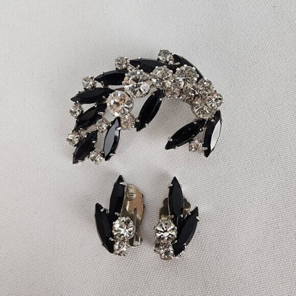 Vintage Silver&Black Rhinestone Brooch&Earrings - Picture 1 of 6